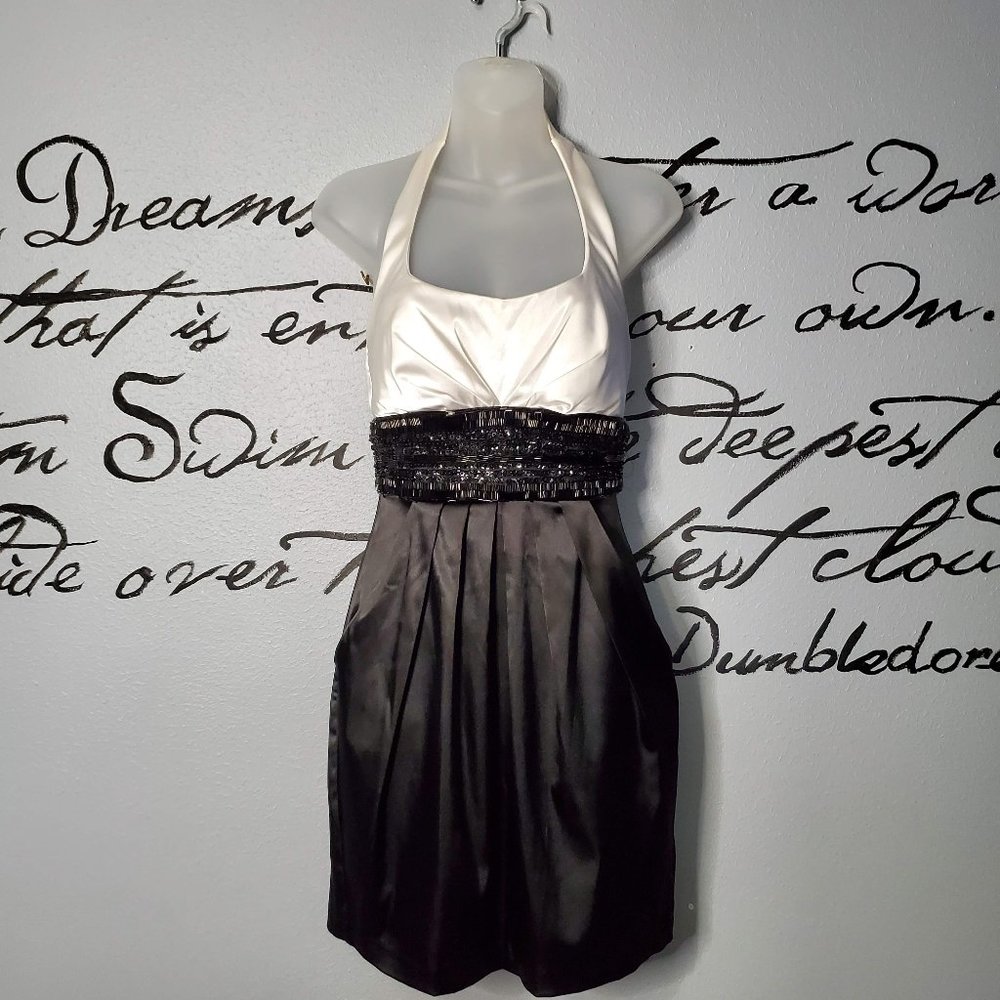 B. Darlin Black & White Beaded Cocktail Party Halter Mini Dress w/ Pockets